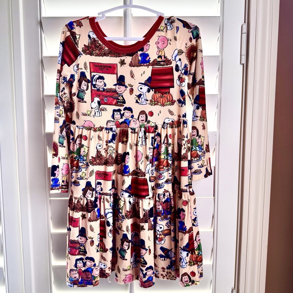 Peanuts Snoopy Thanksgiving Charlie Brown Tiered Dress Long Sleeve Girls Pockets